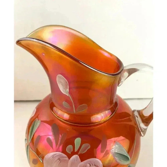 VTG Carnival Glass Orange Iridescent Pitcher Glass Blown Hand Painted 10" Floral - Picture 16 of 16